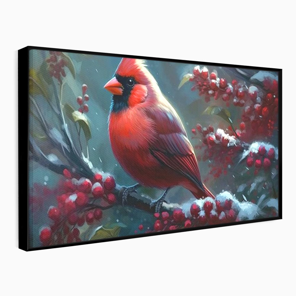 Tablou Canvas Premium, LuxCanva® M1047, Focul Iernii, Cardinal, Rosu, Pasare, Penaj, Iarna, Zapada, Ramura, Viscol, Dragalas, Frunze, Contrast, Birou, Living, Camera Copil