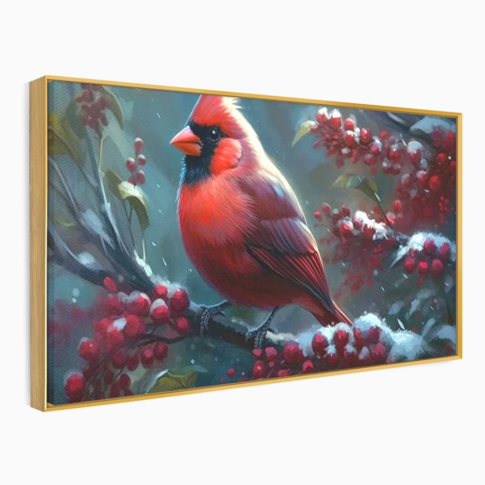 Tablou Canvas Premium, LuxCanva® M1047, Focul Iernii, Cardinal, Rosu, Pasare, Penaj, Iarna, Zapada, Ramura, Viscol, Dragalas, Frunze, Contrast, Birou, Living, Camera Copil