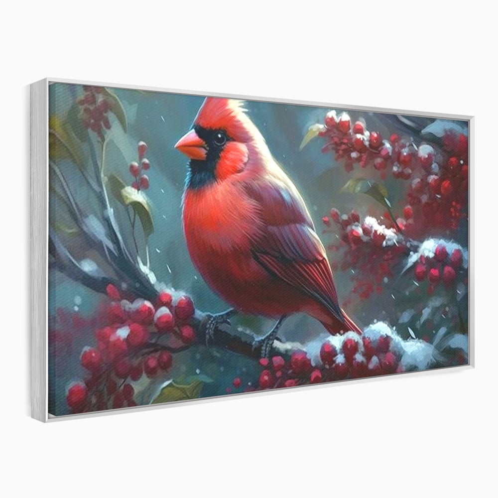 Tablou Canvas Premium, LuxCanva® M1047, Focul Iernii, Cardinal, Rosu, Pasare, Penaj, Iarna, Zapada, Ramura, Viscol, Dragalas, Frunze, Contrast, Birou, Living, Camera Copil
