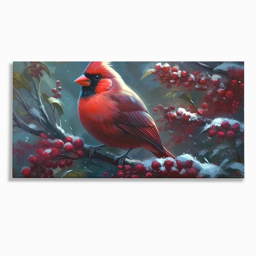 Tablou Canvas Premium, LuxCanva® M1047, Focul Iernii, Cardinal, Rosu, Pasare, Penaj, Iarna, Zapada, Ramura, Viscol, Dragalas, Frunze, Contrast, Birou, Living, Camera Copil