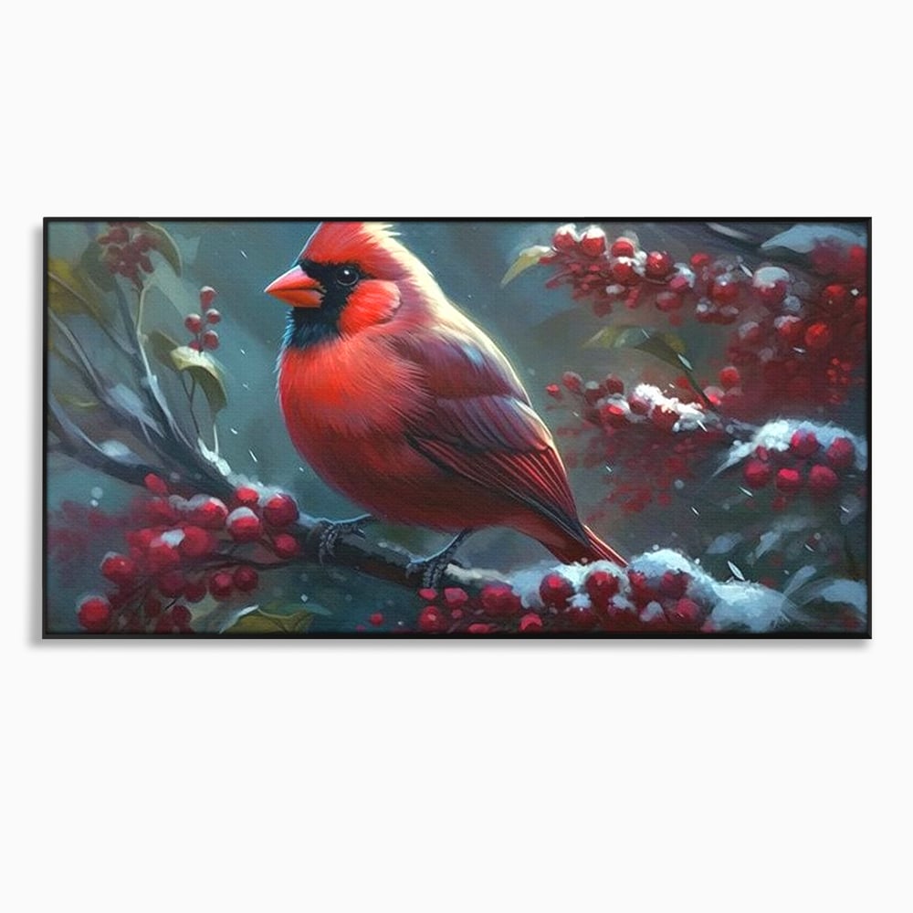 Tablou Canvas Premium, LuxCanva® M1047, Focul Iernii, Cardinal, Rosu, Pasare, Penaj, Iarna, Zapada, Ramura, Viscol, Dragalas, Frunze, Contrast, Birou, Living, Camera Copil