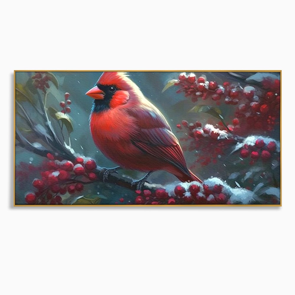 Tablou Canvas Premium, LuxCanva® M1047, Focul Iernii, Cardinal, Rosu, Pasare, Penaj, Iarna, Zapada, Ramura, Viscol, Dragalas, Frunze, Contrast, Birou, Living, Camera Copil