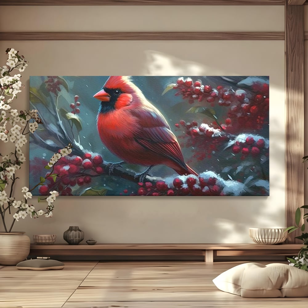 Tablou Canvas Premium, LuxCanva® M1047, Focul Iernii, Cardinal, Rosu, Pasare, Penaj, Iarna, Zapada, Ramura, Viscol, Dragalas, Frunze, Contrast, Birou, Living, Camera Copil