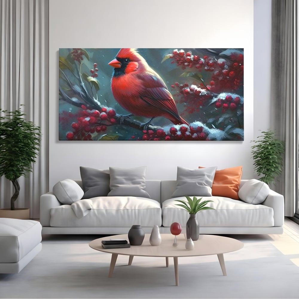 Tablou Canvas Premium, LuxCanva® M1047, Focul Iernii, Cardinal, Rosu, Pasare, Penaj, Iarna, Zapada, Ramura, Viscol, Dragalas, Frunze, Contrast, Birou, Living, Camera Copil