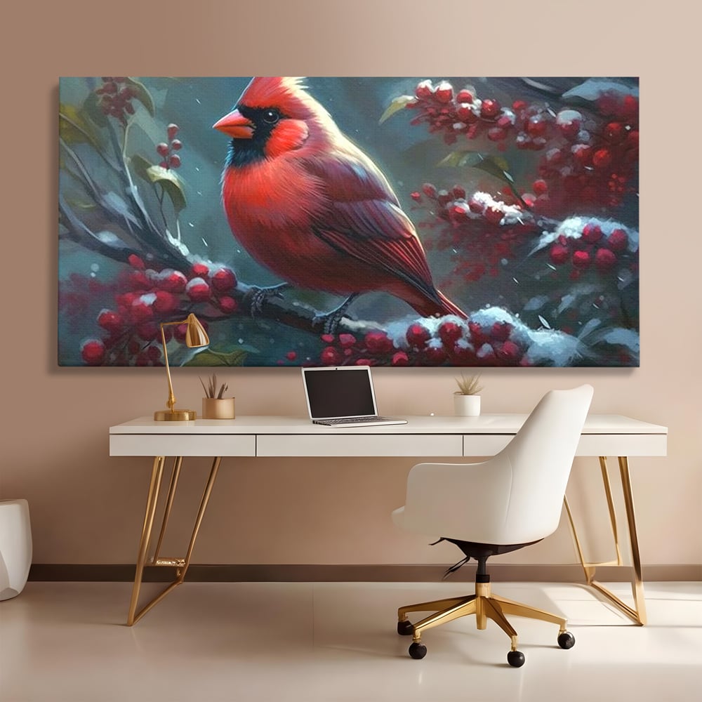 Tablou Canvas Premium, LuxCanva® M1047, Focul Iernii, Cardinal, Rosu, Pasare, Penaj, Iarna, Zapada, Ramura, Viscol, Dragalas, Frunze, Contrast, Birou, Living, Camera Copil