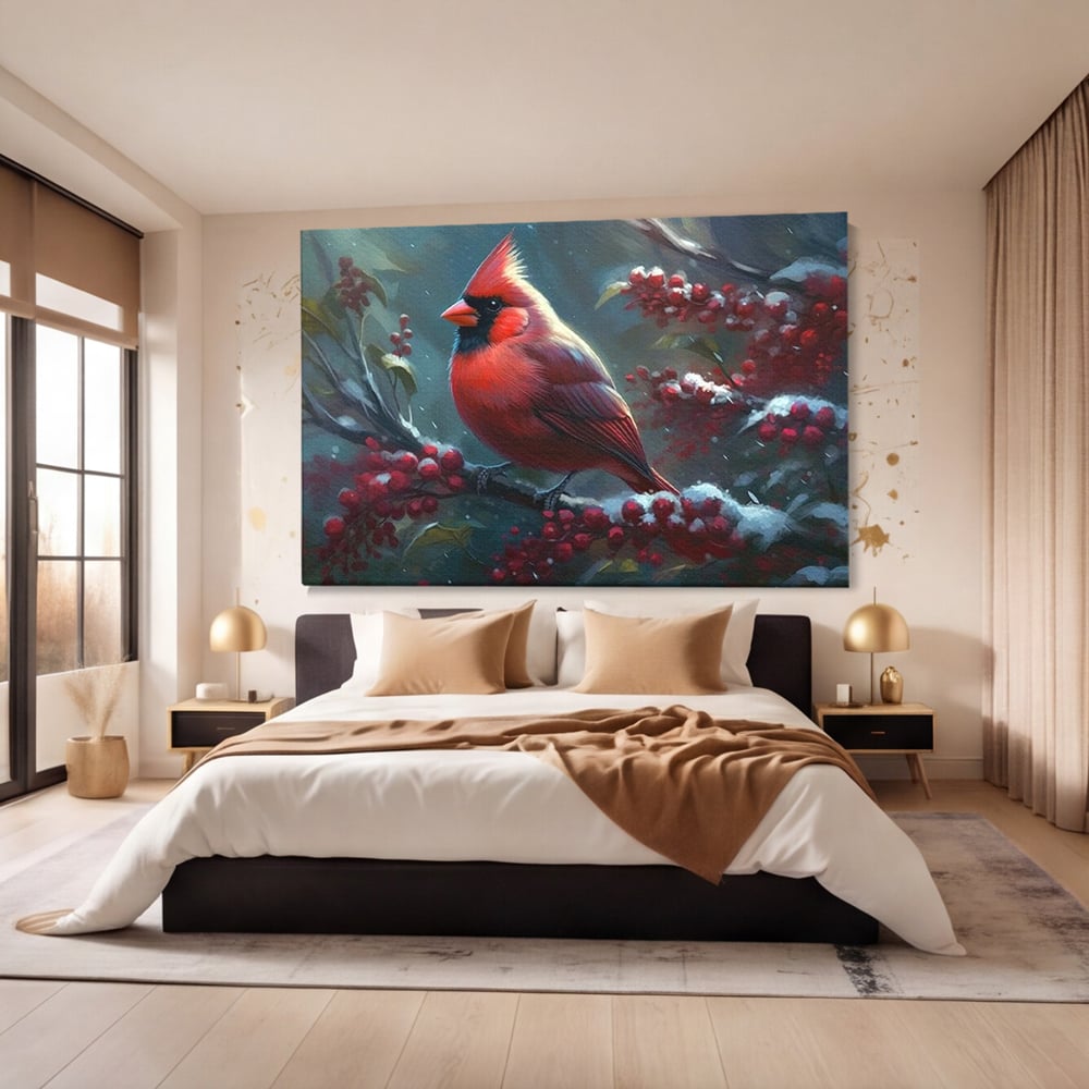 Tablou Canvas Premium, LuxCanva® M1047, Focul Iernii, Cardinal, Rosu, Pasare, Penaj, Iarna, Zapada, Ramura, Viscol, Dragalas, Frunze, Contrast, Birou, Living, Camera Copil
