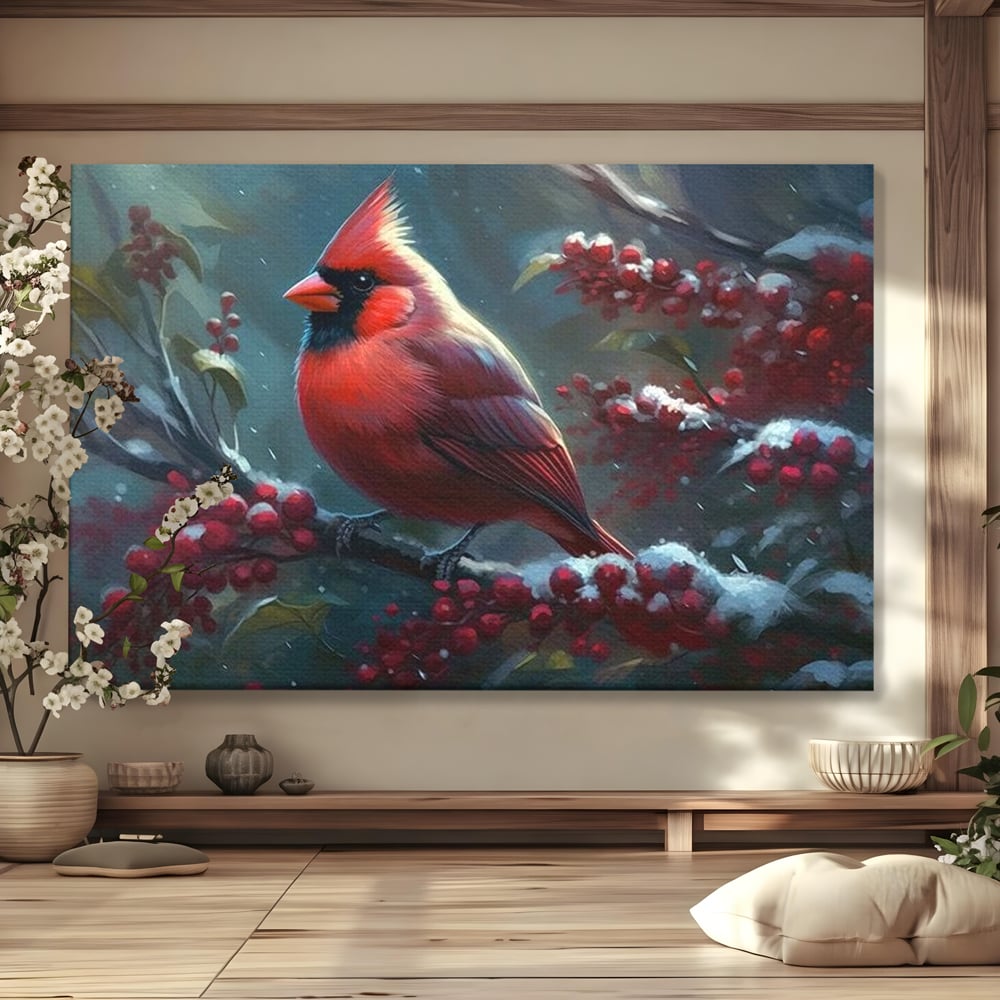 Tablou Canvas Premium, LuxCanva® M1047, Focul Iernii, Cardinal, Rosu, Pasare, Penaj, Iarna, Zapada, Ramura, Viscol, Dragalas, Frunze, Contrast, Birou, Living, Camera Copil