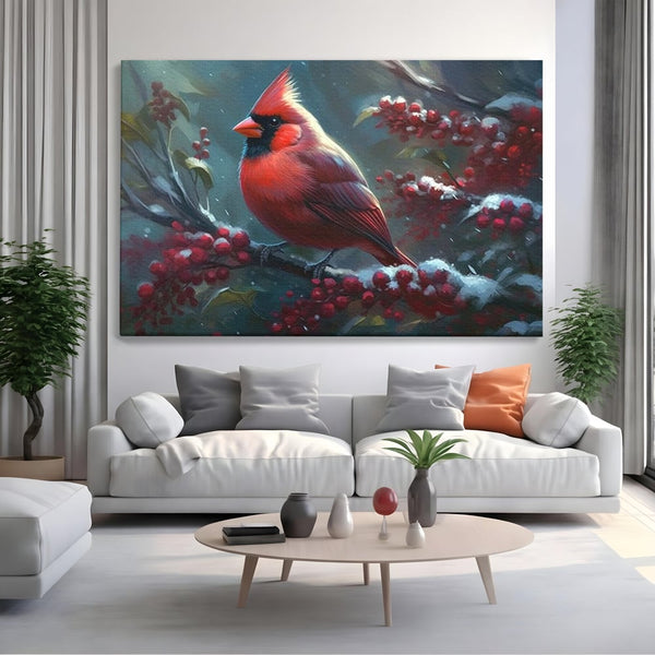 Tablou Canvas Premium, LuxCanva® M1047, Focul Iernii, Cardinal, Rosu, Pasare, Penaj, Iarna, Zapada, Ramura, Viscol, Dragalas, Frunze, Contrast, Birou, Living, Camera Copil