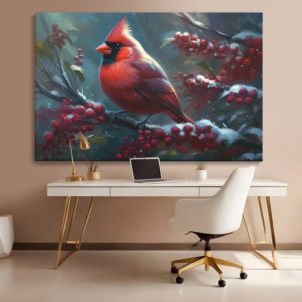 Tablou Canvas Premium, LuxCanva® M1047, Focul Iernii, Cardinal, Rosu, Pasare, Penaj, Iarna, Zapada, Ramura, Viscol, Dragalas, Frunze, Contrast, Birou, Living, Camera Copil