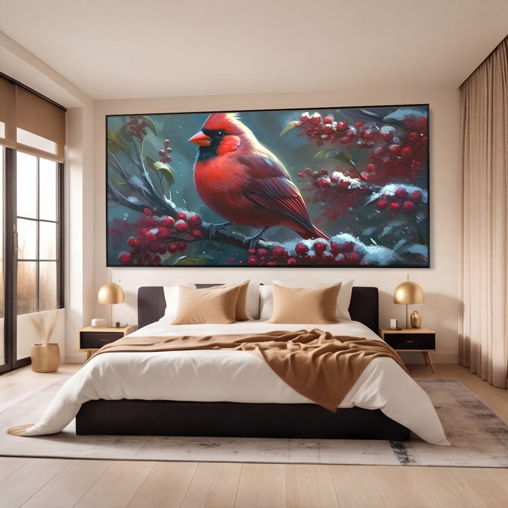 Tablou Canvas Premium, LuxCanva® M1047, Focul Iernii, Cardinal, Rosu, Pasare, Penaj, Iarna, Zapada, Ramura, Viscol, Dragalas, Frunze, Contrast, Birou, Living, Camera Copil
