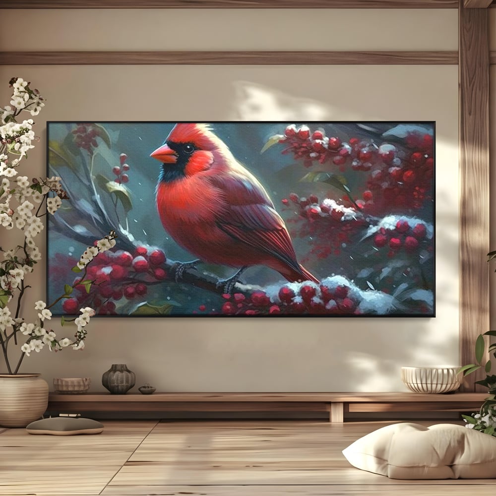 Tablou Canvas Premium, LuxCanva® M1047, Focul Iernii, Cardinal, Rosu, Pasare, Penaj, Iarna, Zapada, Ramura, Viscol, Dragalas, Frunze, Contrast, Birou, Living, Camera Copil