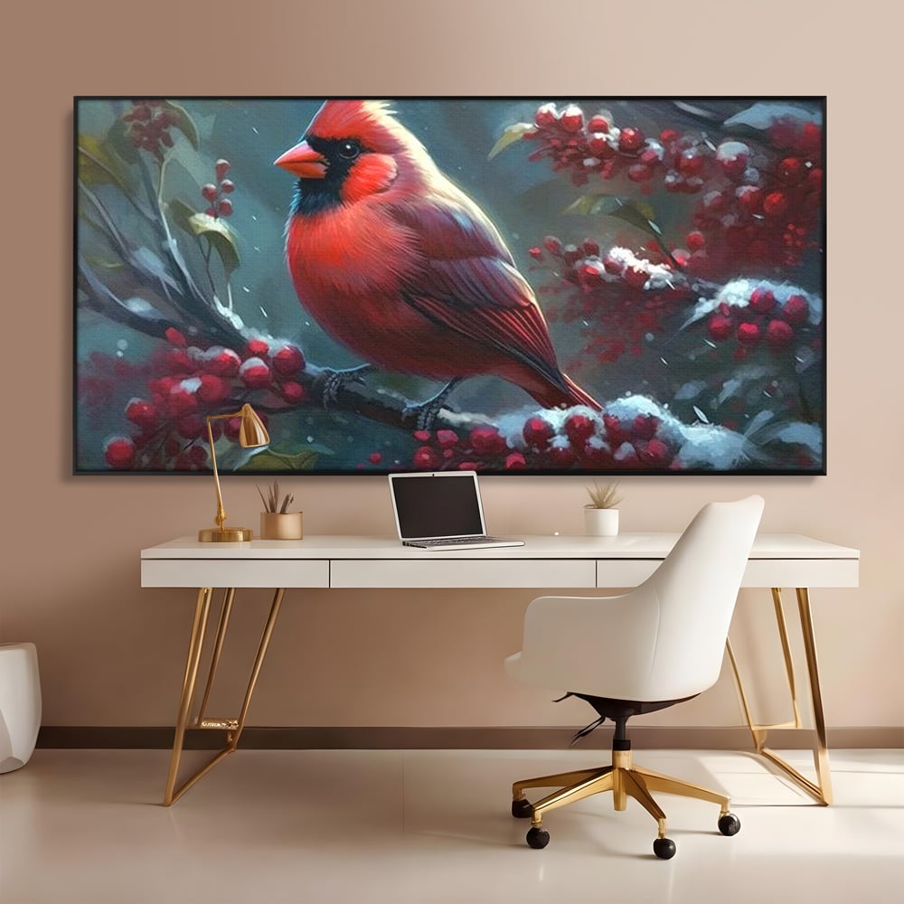 Tablou Canvas Premium, LuxCanva® M1047, Focul Iernii, Cardinal, Rosu, Pasare, Penaj, Iarna, Zapada, Ramura, Viscol, Dragalas, Frunze, Contrast, Birou, Living, Camera Copil