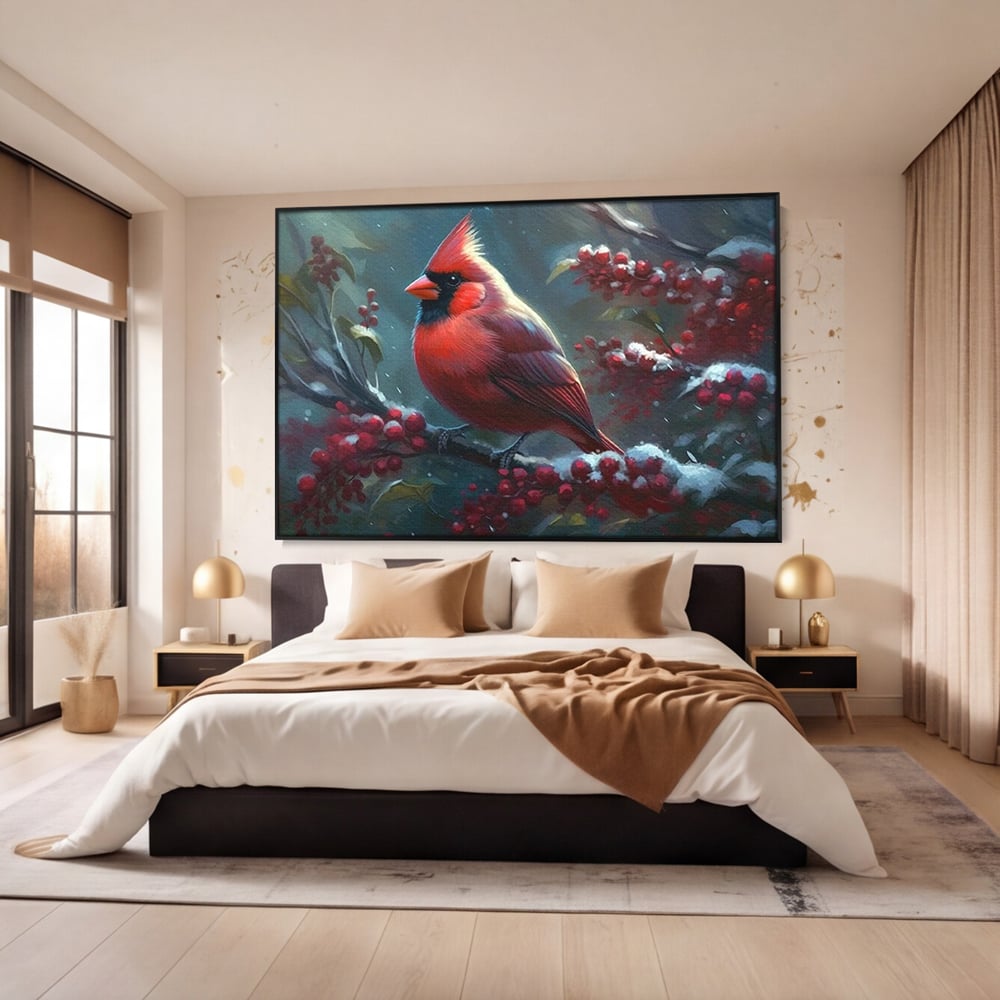 Tablou Canvas Premium, LuxCanva® M1047, Focul Iernii, Cardinal, Rosu, Pasare, Penaj, Iarna, Zapada, Ramura, Viscol, Dragalas, Frunze, Contrast, Birou, Living, Camera Copil