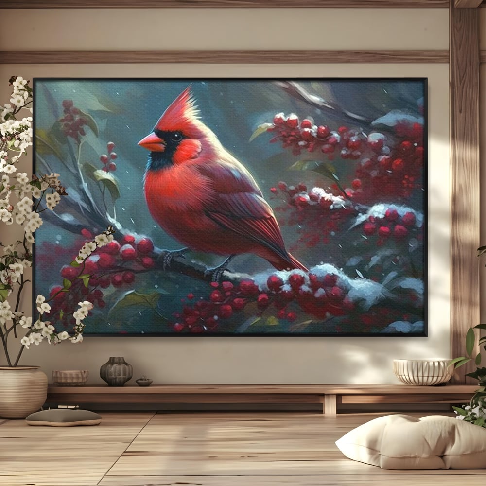 Tablou Canvas Premium, LuxCanva® M1047, Focul Iernii, Cardinal, Rosu, Pasare, Penaj, Iarna, Zapada, Ramura, Viscol, Dragalas, Frunze, Contrast, Birou, Living, Camera Copil