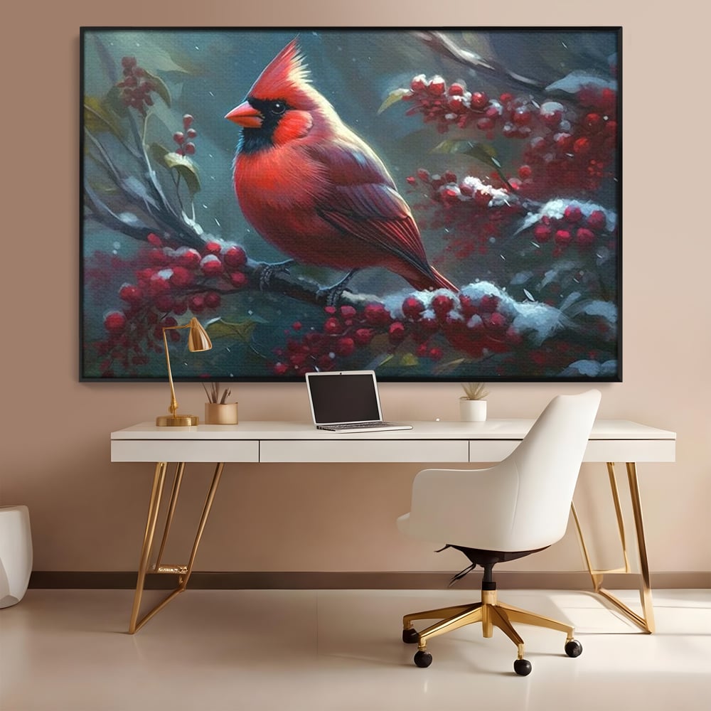 Tablou Canvas Premium, LuxCanva® M1047, Focul Iernii, Cardinal, Rosu, Pasare, Penaj, Iarna, Zapada, Ramura, Viscol, Dragalas, Frunze, Contrast, Birou, Living, Camera Copil