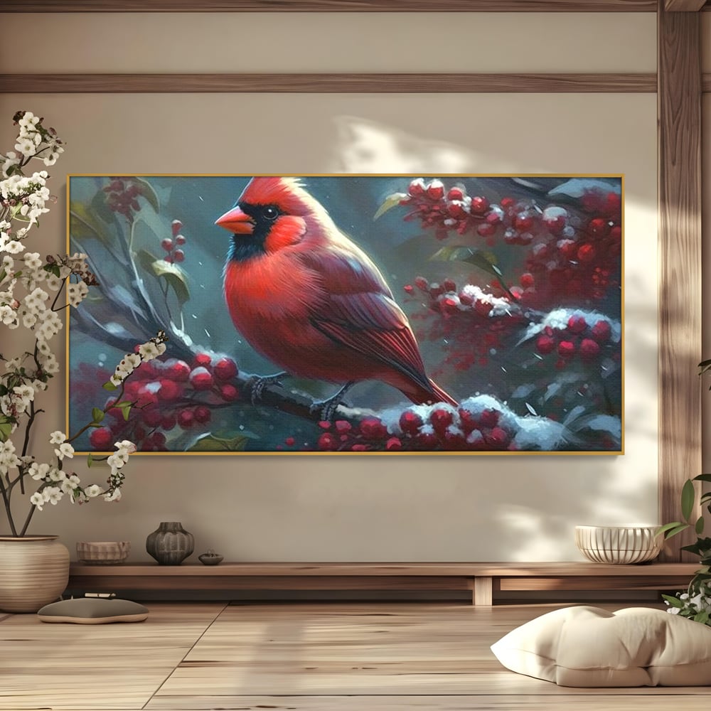 Tablou Canvas Premium, LuxCanva® M1047, Focul Iernii, Cardinal, Rosu, Pasare, Penaj, Iarna, Zapada, Ramura, Viscol, Dragalas, Frunze, Contrast, Birou, Living, Camera Copil