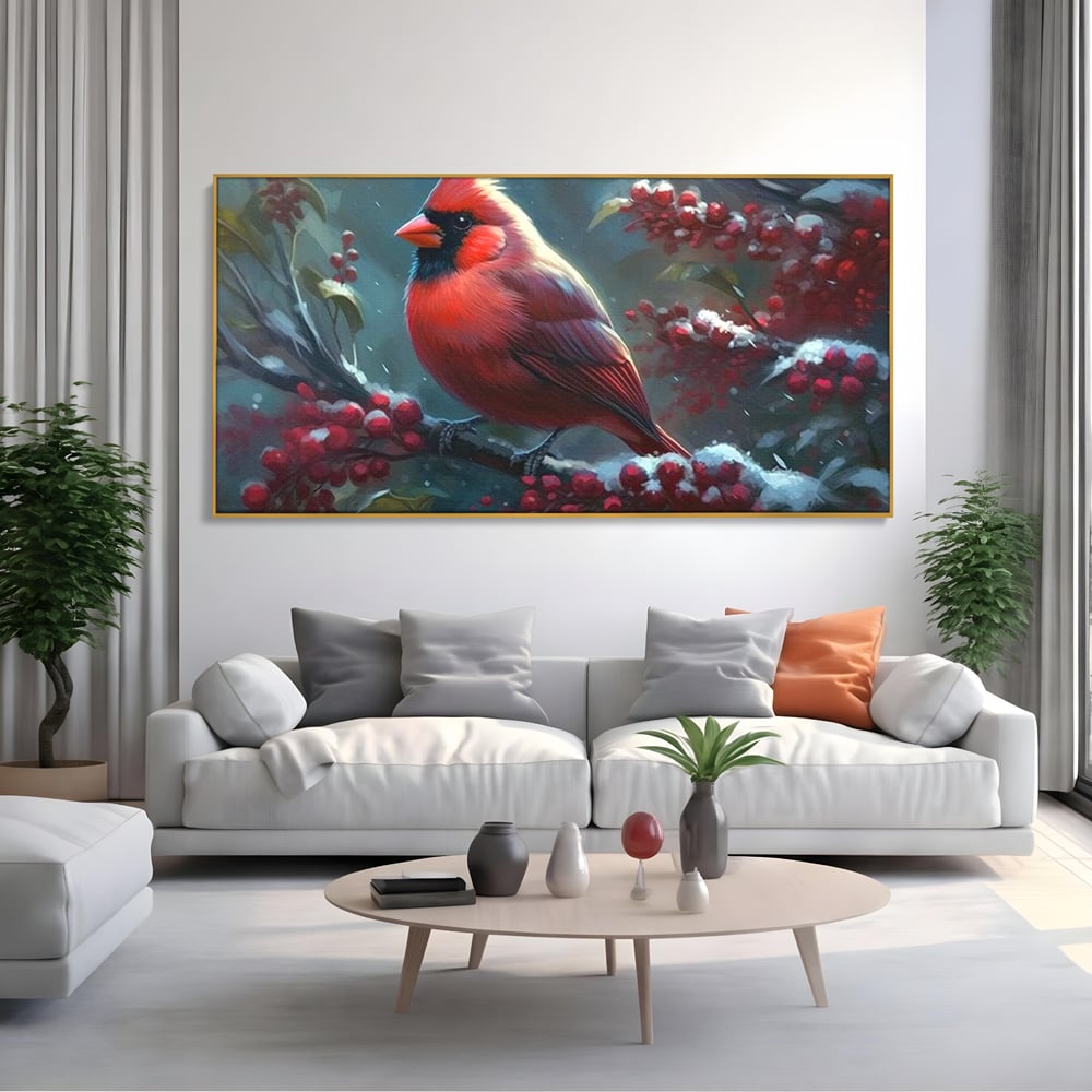 Tablou Canvas Premium, LuxCanva® M1047, Focul Iernii, Cardinal, Rosu, Pasare, Penaj, Iarna, Zapada, Ramura, Viscol, Dragalas, Frunze, Contrast, Birou, Living, Camera Copil