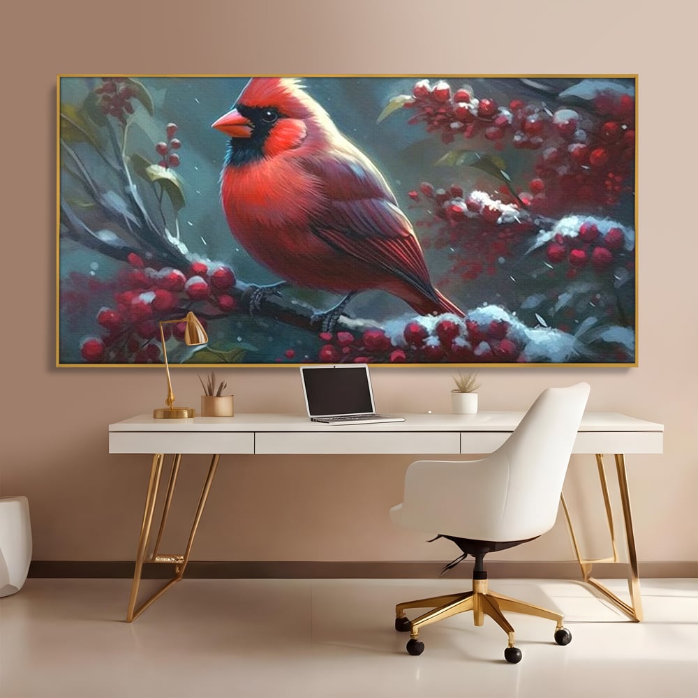 Tablou Canvas Premium, LuxCanva® M1047, Focul Iernii, Cardinal, Rosu, Pasare, Penaj, Iarna, Zapada, Ramura, Viscol, Dragalas, Frunze, Contrast, Birou, Living, Camera Copil