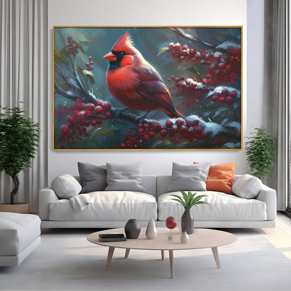 Tablou Canvas Premium, LuxCanva® M1047, Focul Iernii, Cardinal, Rosu, Pasare, Penaj, Iarna, Zapada, Ramura, Viscol, Dragalas, Frunze, Contrast, Birou, Living, Camera Copil