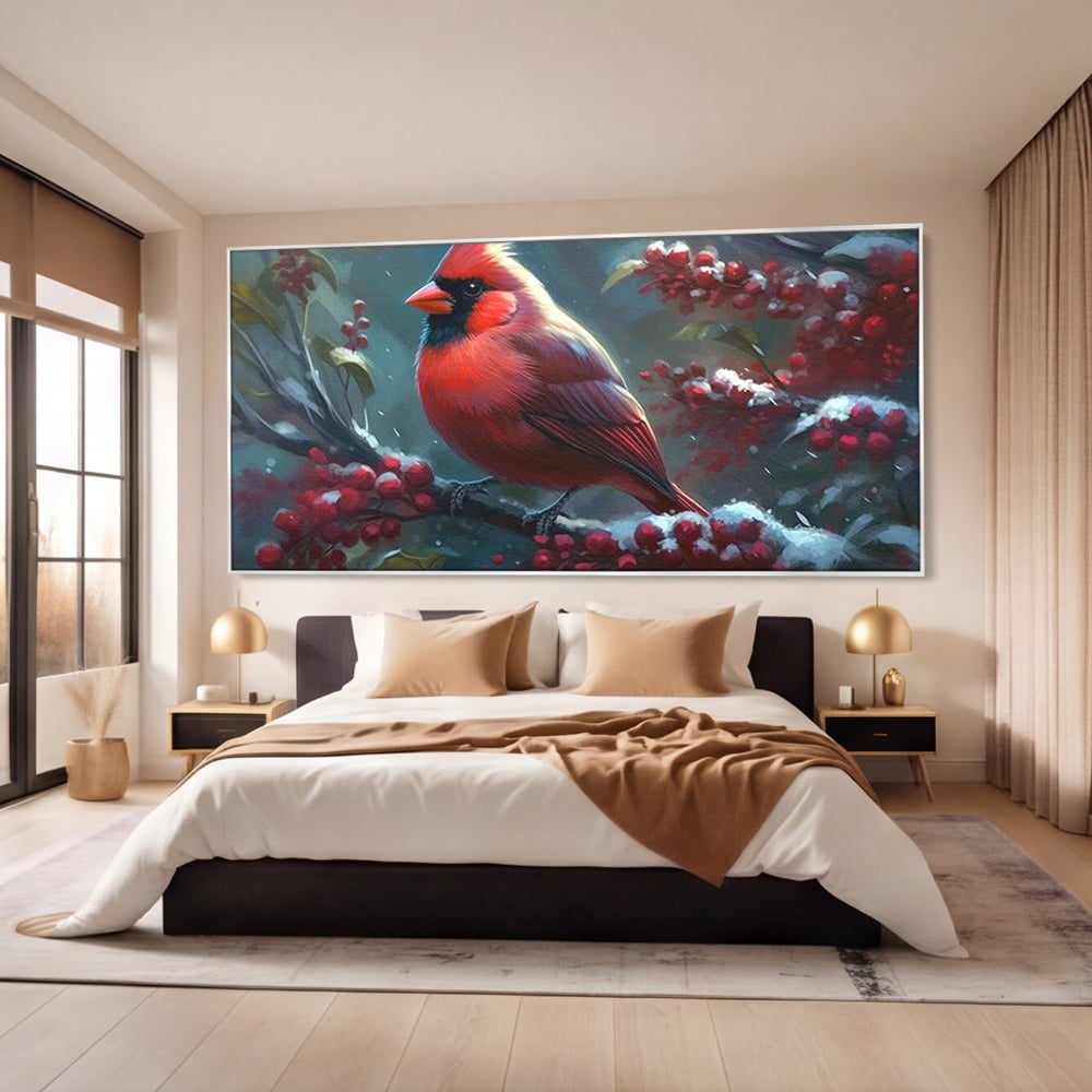 Tablou Canvas Premium, LuxCanva® M1047, Focul Iernii, Cardinal, Rosu, Pasare, Penaj, Iarna, Zapada, Ramura, Viscol, Dragalas, Frunze, Contrast, Birou, Living, Camera Copil