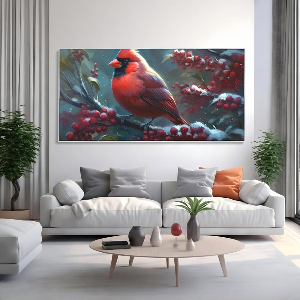 Tablou Canvas Premium, LuxCanva® M1047, Focul Iernii, Cardinal, Rosu, Pasare, Penaj, Iarna, Zapada, Ramura, Viscol, Dragalas, Frunze, Contrast, Birou, Living, Camera Copil