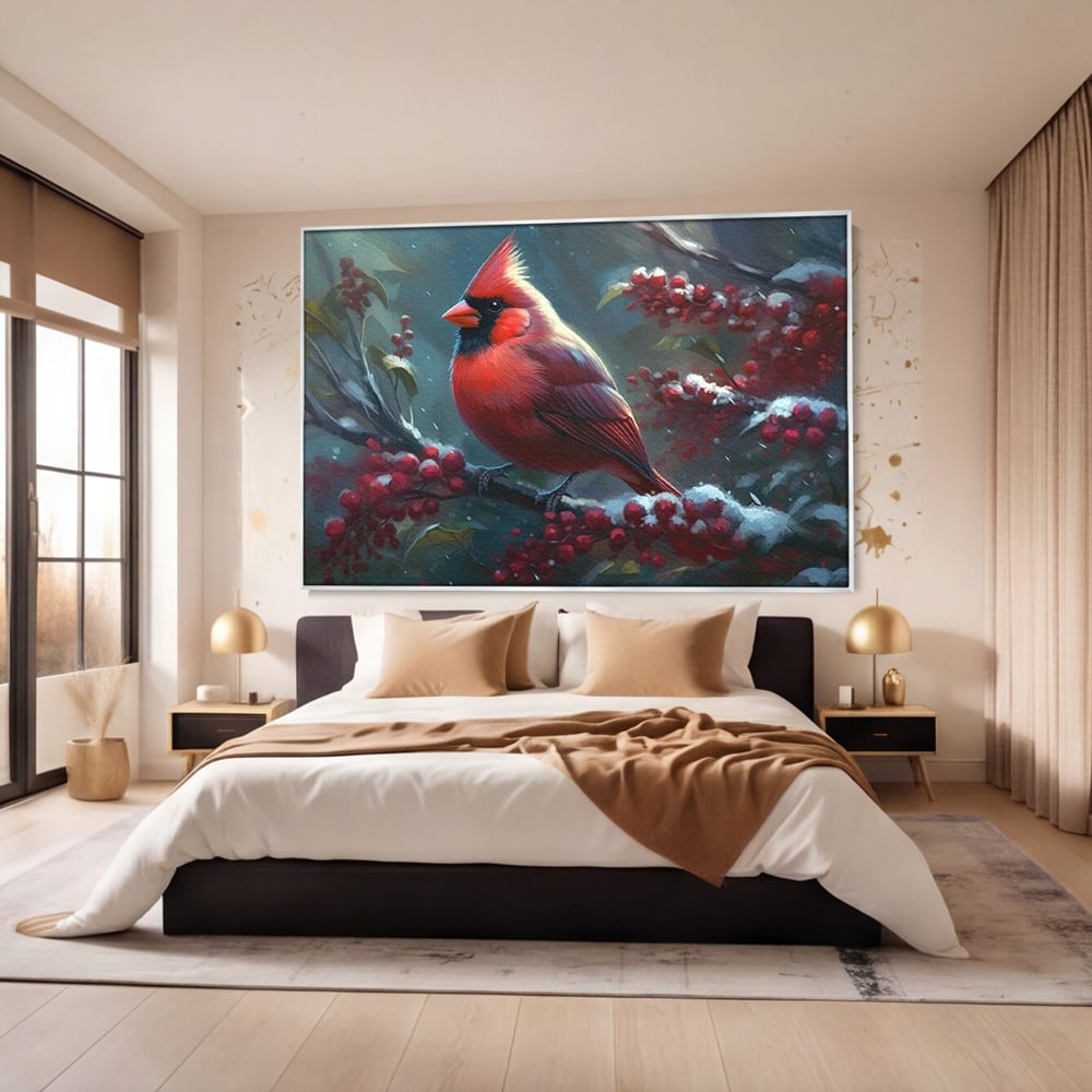 Tablou Canvas Premium, LuxCanva® M1047, Focul Iernii, Cardinal, Rosu, Pasare, Penaj, Iarna, Zapada, Ramura, Viscol, Dragalas, Frunze, Contrast, Birou, Living, Camera Copil