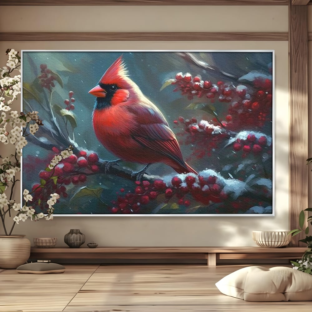 Tablou Canvas Premium, LuxCanva® M1047, Focul Iernii, Cardinal, Rosu, Pasare, Penaj, Iarna, Zapada, Ramura, Viscol, Dragalas, Frunze, Contrast, Birou, Living, Camera Copil