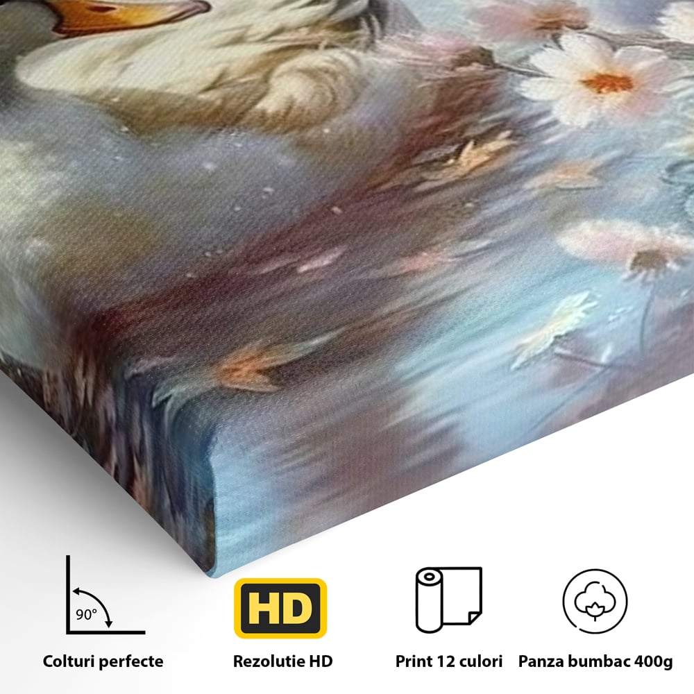 Tablou Canvas Premium, LuxCanva® M1048, Poveste cu Ratuste, Flori, Lac, Primavara, Ratuste, Pereche, Copilarie, Lumina, Pasari, Armonie, Birou, Living, Camera Copil