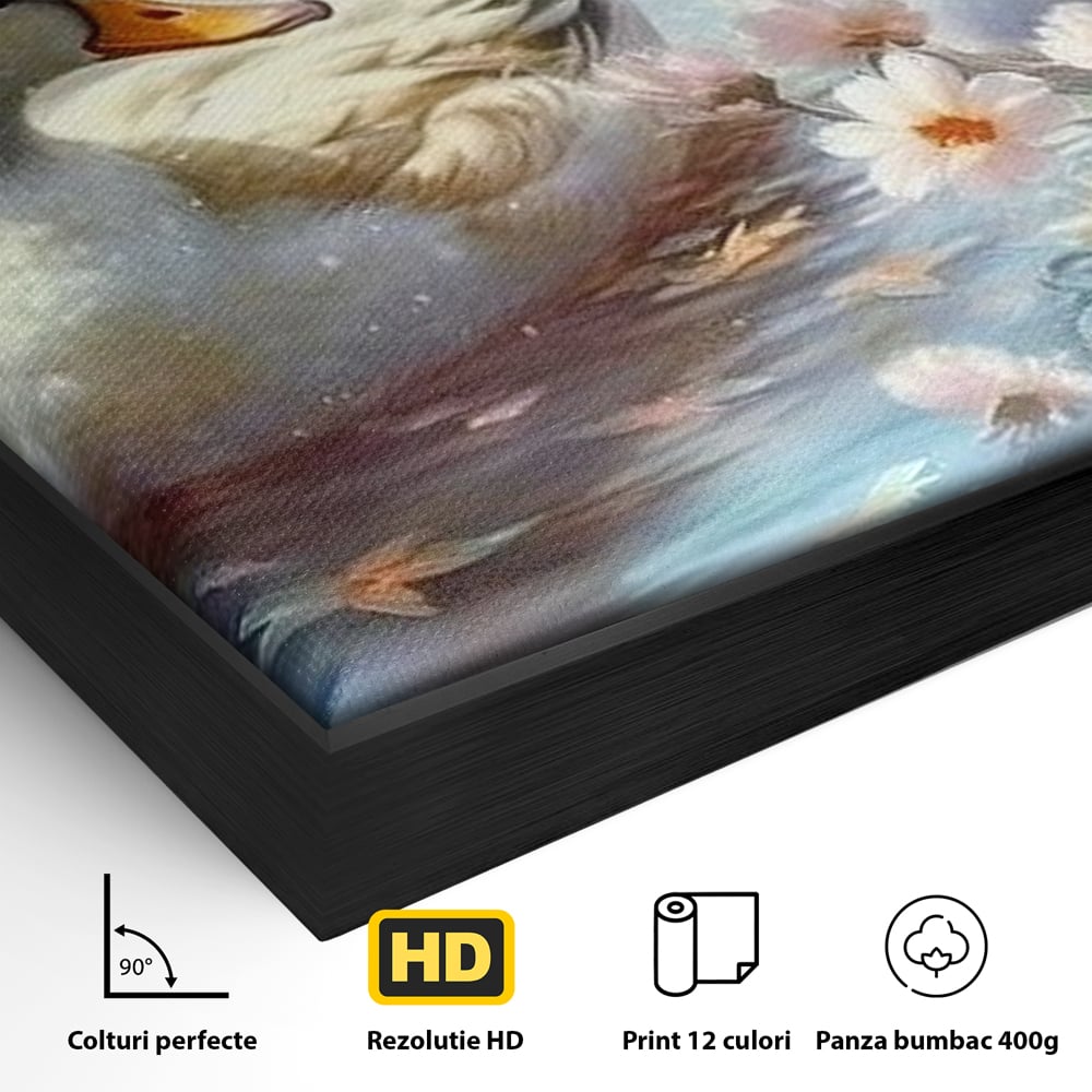 Tablou Canvas Premium, LuxCanva® M1048, Poveste cu Ratuste, Flori, Lac, Primavara, Ratuste, Pereche, Copilarie, Lumina, Pasari, Armonie, Birou, Living, Camera Copil