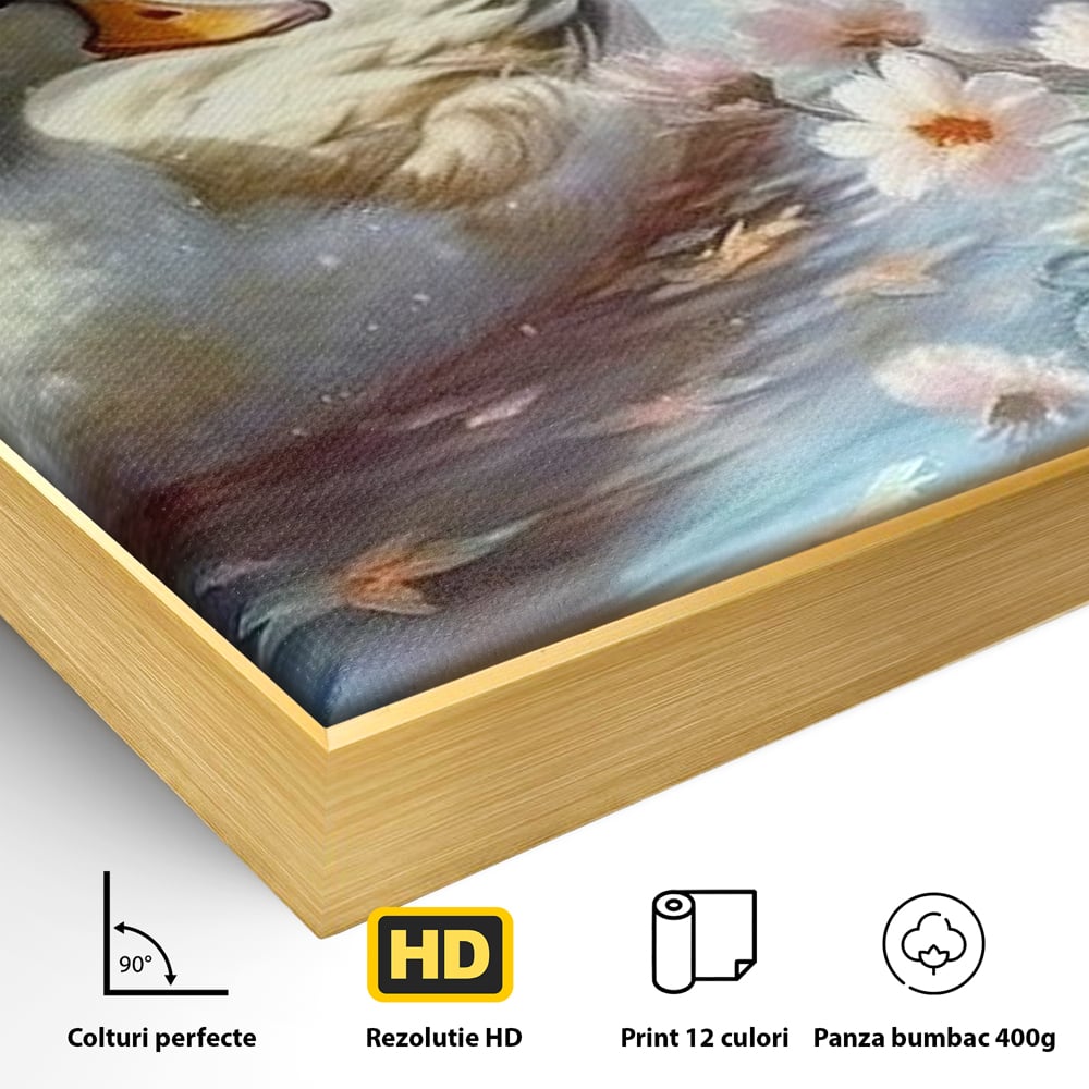 Tablou Canvas Premium, LuxCanva® M1048, Poveste cu Ratuste, Flori, Lac, Primavara, Ratuste, Pereche, Copilarie, Lumina, Pasari, Armonie, Birou, Living, Camera Copil