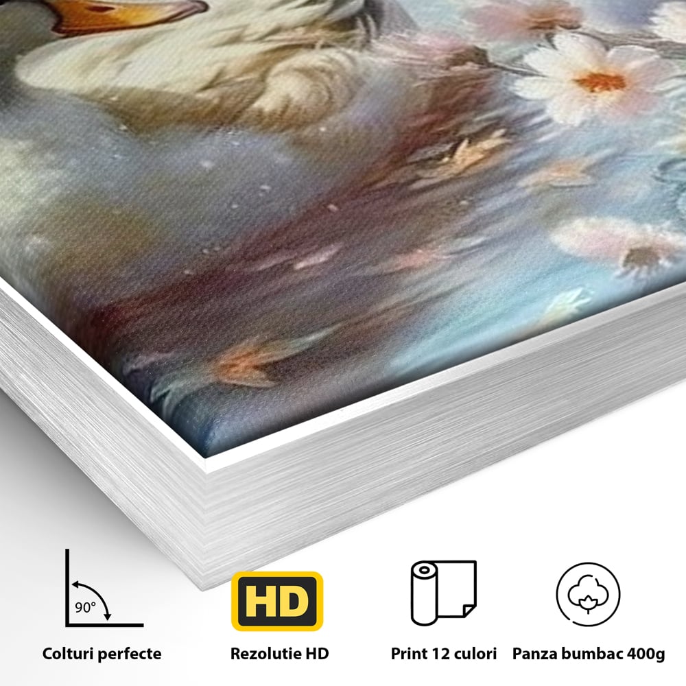 Tablou Canvas Premium, LuxCanva® M1048, Poveste cu Ratuste, Flori, Lac, Primavara, Ratuste, Pereche, Copilarie, Lumina, Pasari, Armonie, Birou, Living, Camera Copil