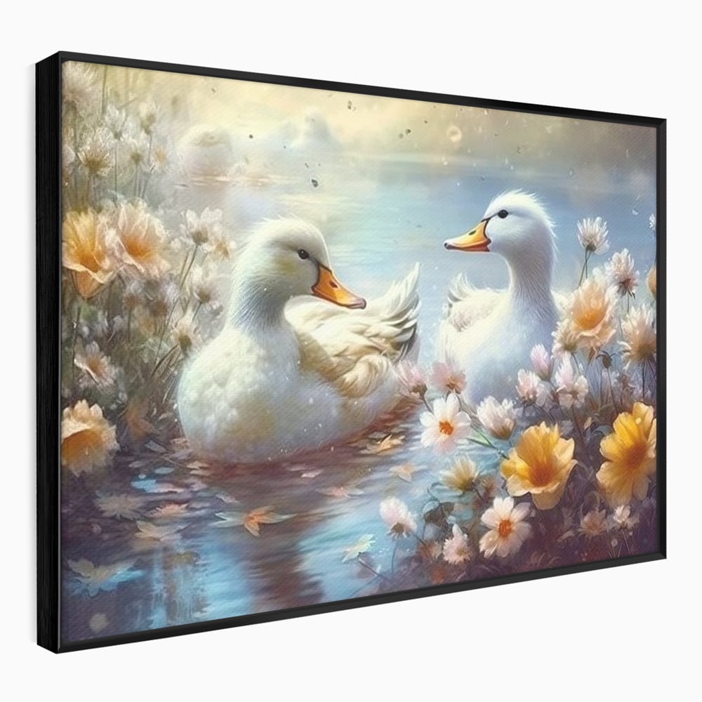 Tablou Canvas Premium, LuxCanva® M1048, Poveste cu Ratuste, Flori, Lac, Primavara, Ratuste, Pereche, Copilarie, Lumina, Pasari, Armonie, Birou, Living, Camera Copil