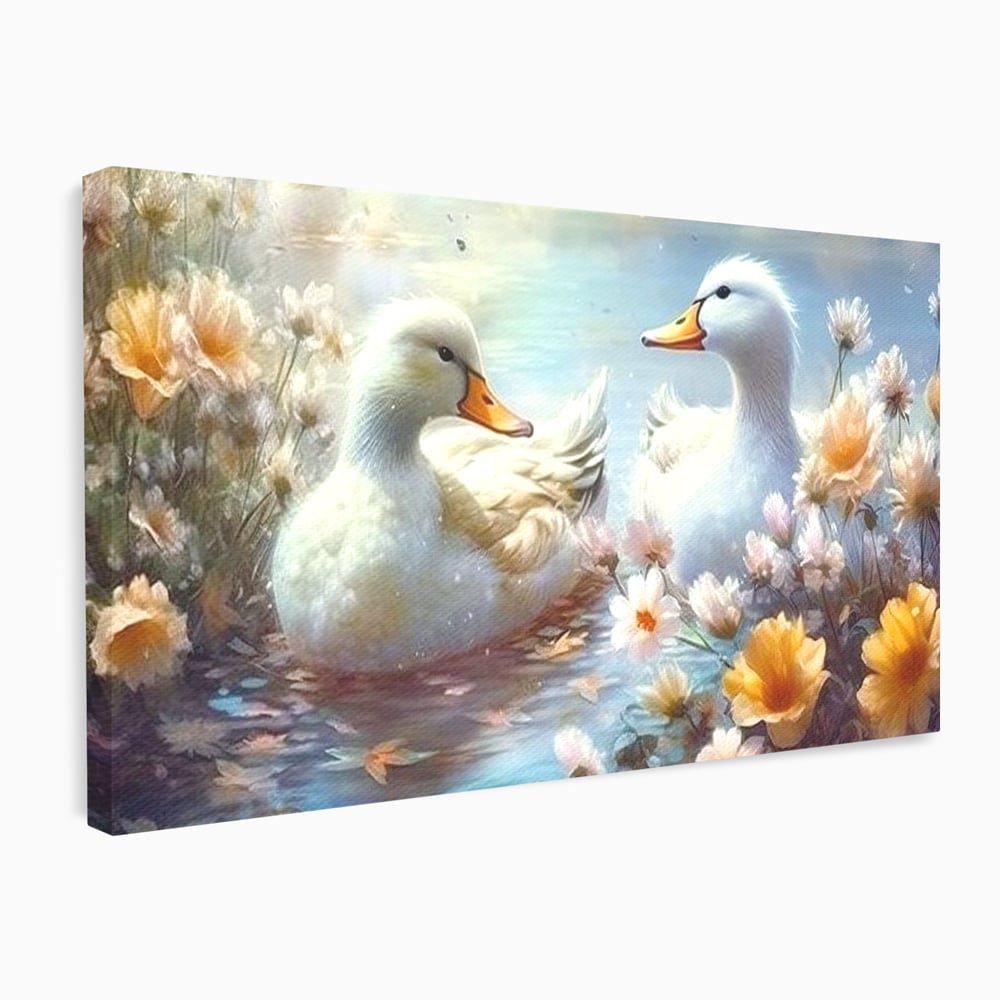 Tablou Canvas Premium, LuxCanva® M1048, Poveste cu Ratuste, Flori, Lac, Primavara, Ratuste, Pereche, Copilarie, Lumina, Pasari, Armonie, Birou, Living, Camera Copil
