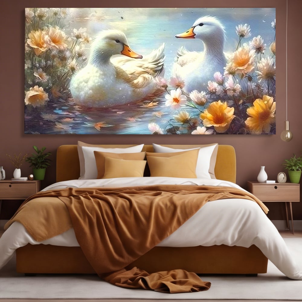 Tablou Canvas Premium, LuxCanva® M1048, Poveste cu Ratuste, Flori, Lac, Primavara, Ratuste, Pereche, Copilarie, Lumina, Pasari, Armonie, Birou, Living, Camera Copil