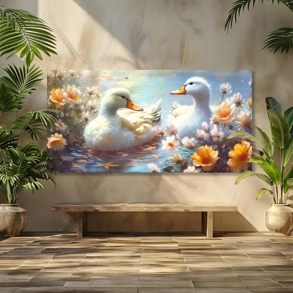 Tablou Canvas Premium, LuxCanva® M1048, Poveste cu Ratuste, Flori, Lac, Primavara, Ratuste, Pereche, Copilarie, Lumina, Pasari, Armonie, Birou, Living, Camera Copil