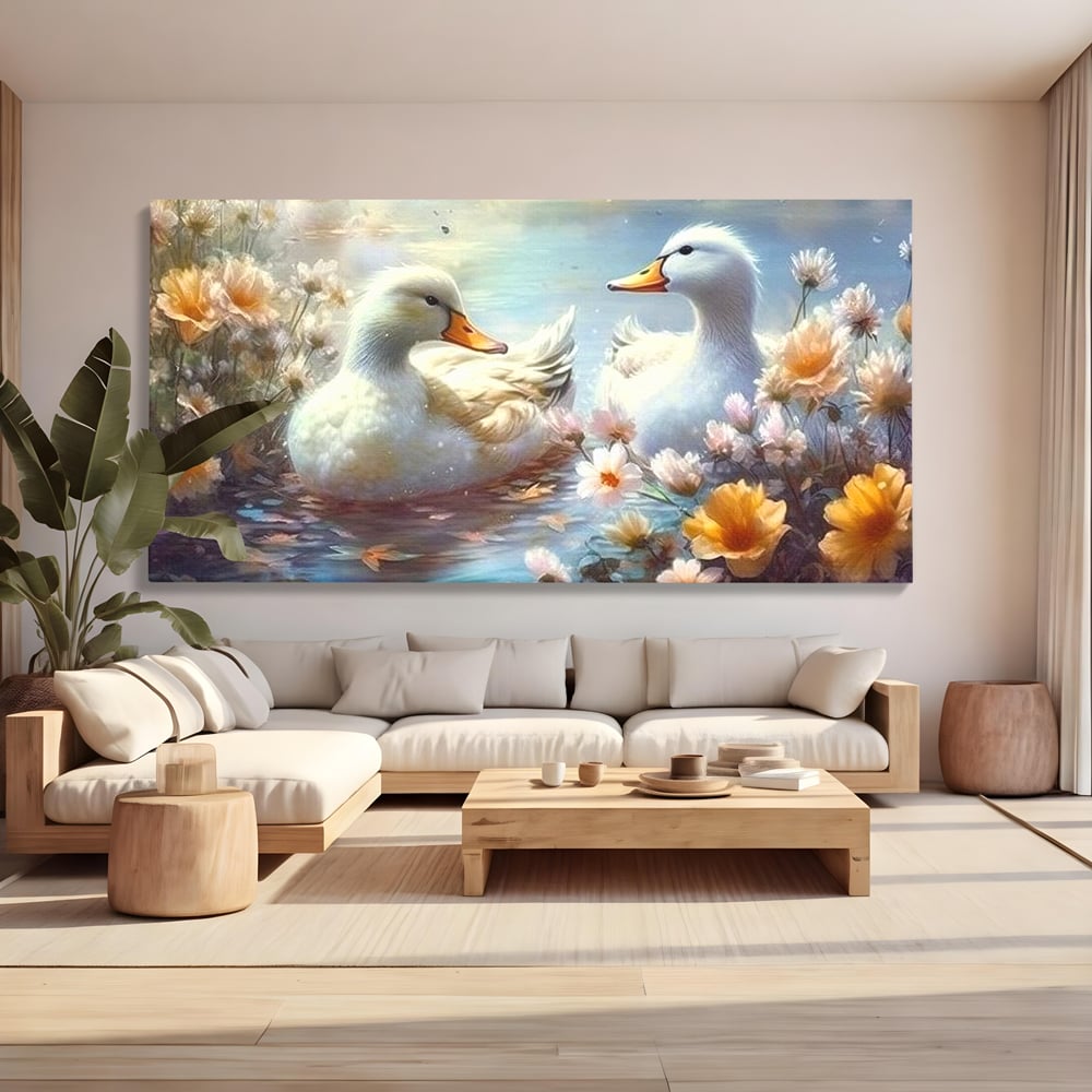 Tablou Canvas Premium, LuxCanva® M1048, Poveste cu Ratuste, Flori, Lac, Primavara, Ratuste, Pereche, Copilarie, Lumina, Pasari, Armonie, Birou, Living, Camera Copil