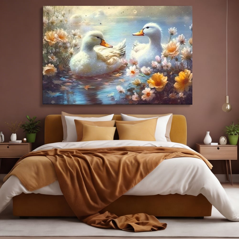 Tablou Canvas Premium, LuxCanva® M1048, Poveste cu Ratuste, Flori, Lac, Primavara, Ratuste, Pereche, Copilarie, Lumina, Pasari, Armonie, Birou, Living, Camera Copil