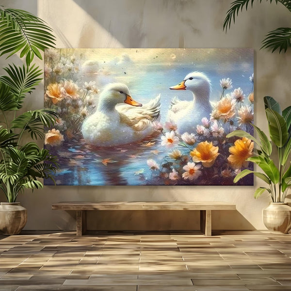 Tablou Canvas Premium, LuxCanva® M1048, Poveste cu Ratuste, Flori, Lac, Primavara, Ratuste, Pereche, Copilarie, Lumina, Pasari, Armonie, Birou, Living, Camera Copil