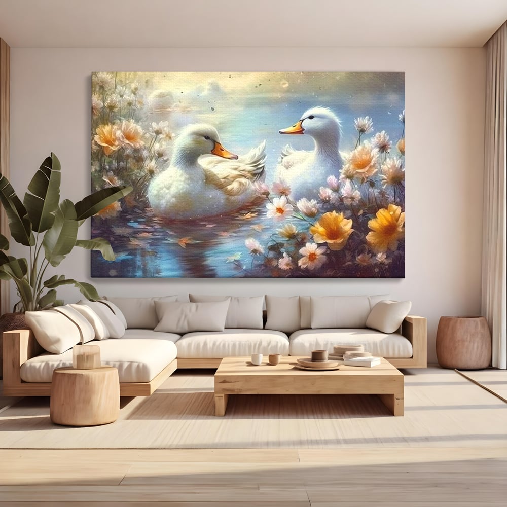 Tablou Canvas Premium, LuxCanva® M1048, Poveste cu Ratuste, Flori, Lac, Primavara, Ratuste, Pereche, Copilarie, Lumina, Pasari, Armonie, Birou, Living, Camera Copil