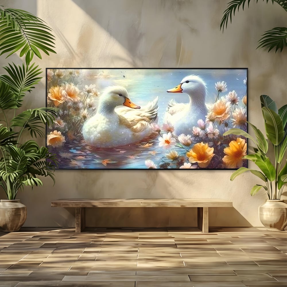 Tablou Canvas Premium, LuxCanva® M1048, Poveste cu Ratuste, Flori, Lac, Primavara, Ratuste, Pereche, Copilarie, Lumina, Pasari, Armonie, Birou, Living, Camera Copil