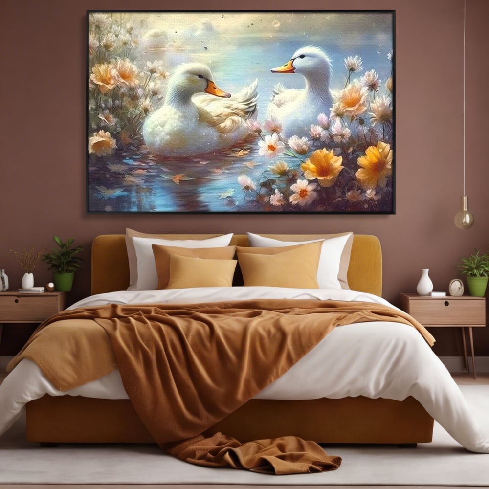 Tablou Canvas Premium, LuxCanva® M1048, Poveste cu Ratuste, Flori, Lac, Primavara, Ratuste, Pereche, Copilarie, Lumina, Pasari, Armonie, Birou, Living, Camera Copil