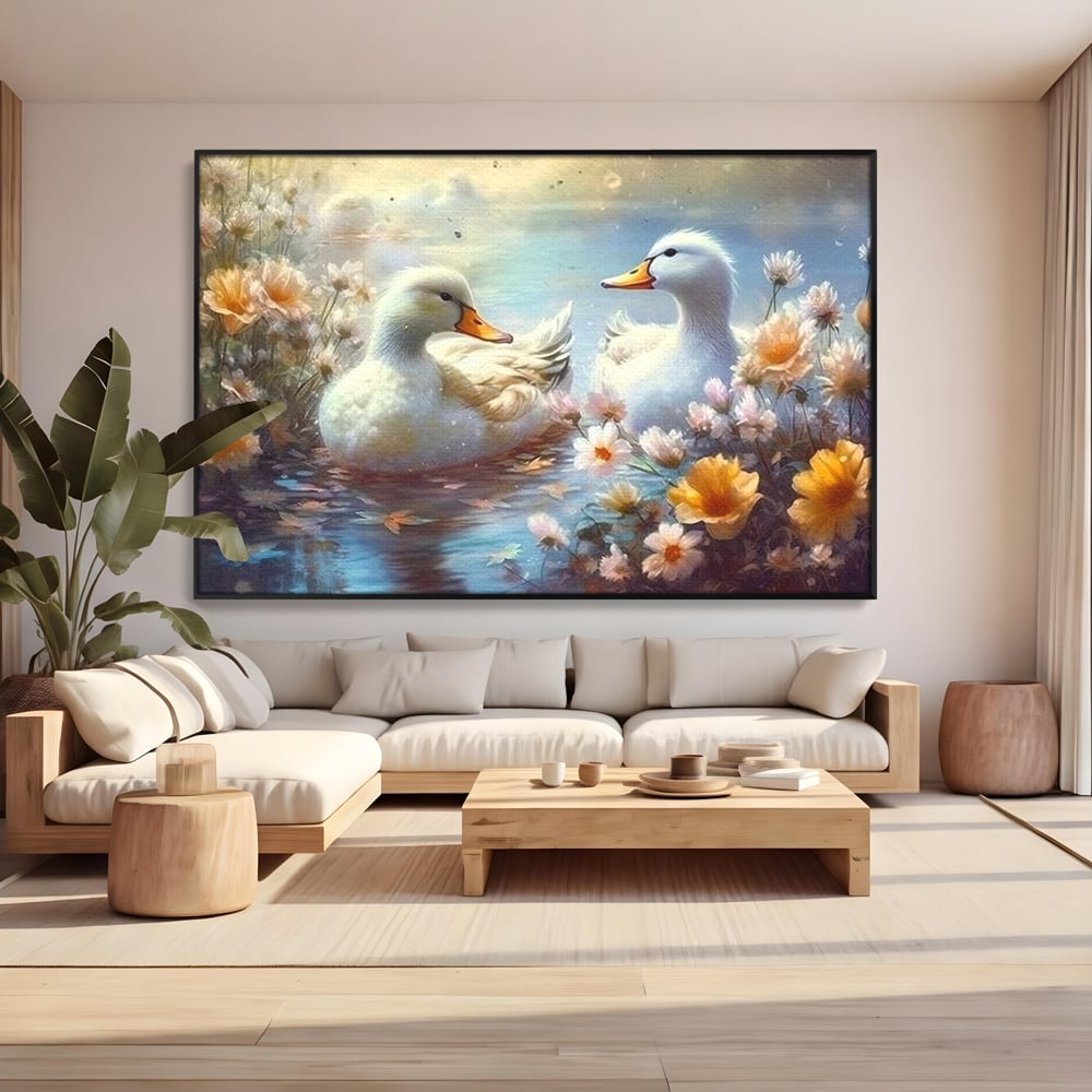 Tablou Canvas Premium, LuxCanva® M1048, Poveste cu Ratuste, Flori, Lac, Primavara, Ratuste, Pereche, Copilarie, Lumina, Pasari, Armonie, Birou, Living, Camera Copil