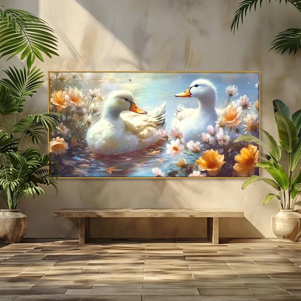 Tablou Canvas Premium, LuxCanva® M1048, Poveste cu Ratuste, Flori, Lac, Primavara, Ratuste, Pereche, Copilarie, Lumina, Pasari, Armonie, Birou, Living, Camera Copil