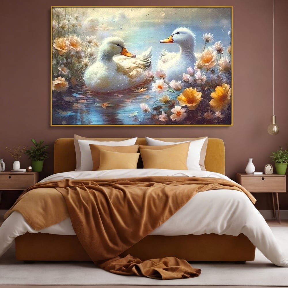 Tablou Canvas Premium, LuxCanva® M1048, Poveste cu Ratuste, Flori, Lac, Primavara, Ratuste, Pereche, Copilarie, Lumina, Pasari, Armonie, Birou, Living, Camera Copil