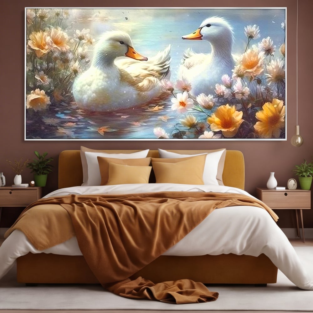 Tablou Canvas Premium, LuxCanva® M1048, Poveste cu Ratuste, Flori, Lac, Primavara, Ratuste, Pereche, Copilarie, Lumina, Pasari, Armonie, Birou, Living, Camera Copil