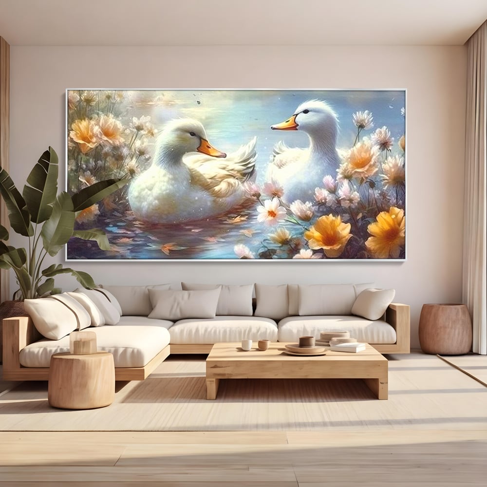 Tablou Canvas Premium, LuxCanva® M1048, Poveste cu Ratuste, Flori, Lac, Primavara, Ratuste, Pereche, Copilarie, Lumina, Pasari, Armonie, Birou, Living, Camera Copil