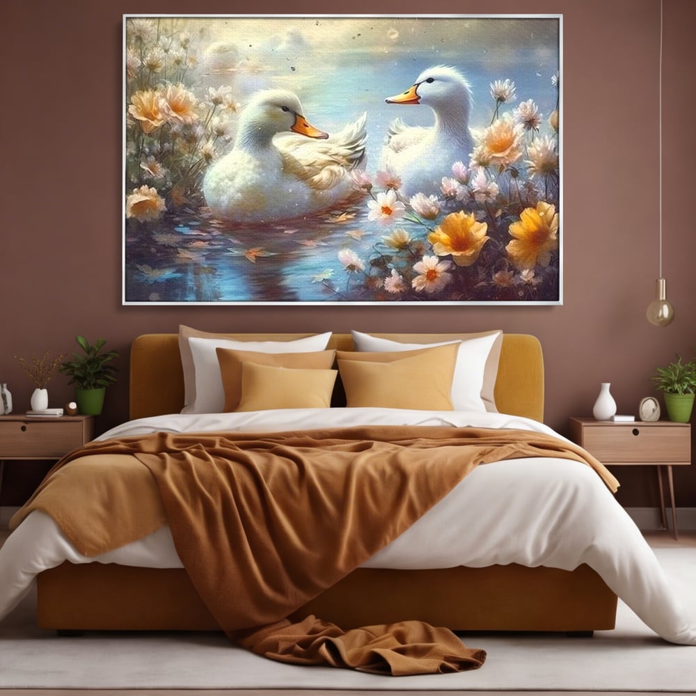 Tablou Canvas Premium, LuxCanva® M1048, Poveste cu Ratuste, Flori, Lac, Primavara, Ratuste, Pereche, Copilarie, Lumina, Pasari, Armonie, Birou, Living, Camera Copil