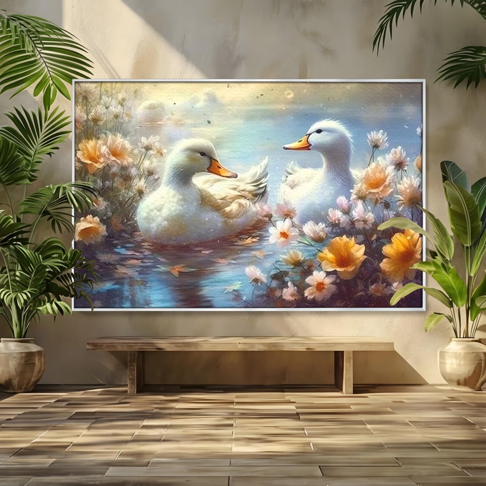 Tablou Canvas Premium, LuxCanva® M1048, Poveste cu Ratuste, Flori, Lac, Primavara, Ratuste, Pereche, Copilarie, Lumina, Pasari, Armonie, Birou, Living, Camera Copil