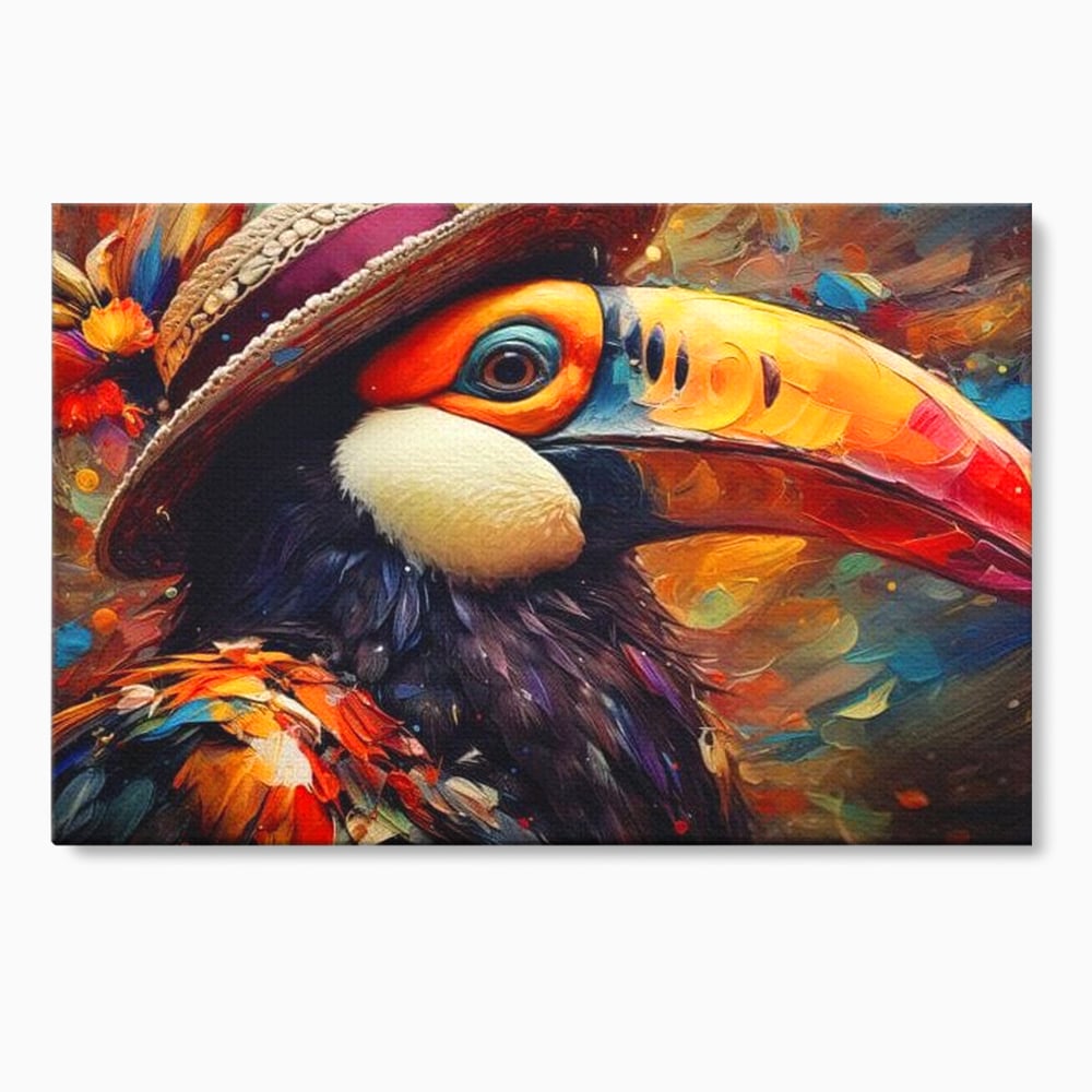 Tablou Canvas Premium, LuxCanva® M1049, Mandria Amazonului, Tucan, Palarie, Pasare, Cioc, Exotic, Portret, Caracter, Carnaval, Tropice, Jungla, Birou, Living, Camera Copil