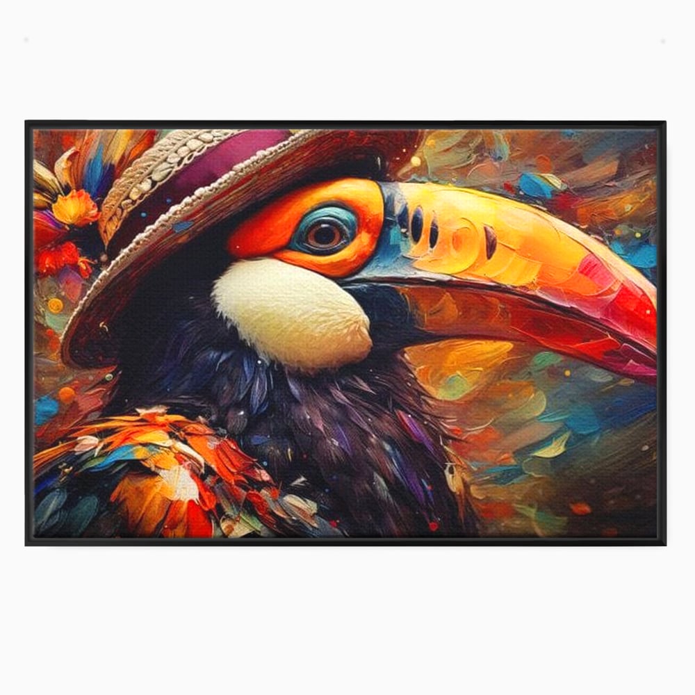 Tablou Canvas Premium, LuxCanva® M1049, Mandria Amazonului, Tucan, Palarie, Pasare, Cioc, Exotic, Portret, Caracter, Carnaval, Tropice, Jungla, Birou, Living, Camera Copil